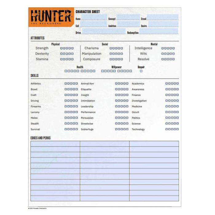 Hunter: The Reckoning 5th Edition RPG Journal Expanded Character Sheet Journal *Englische Version*